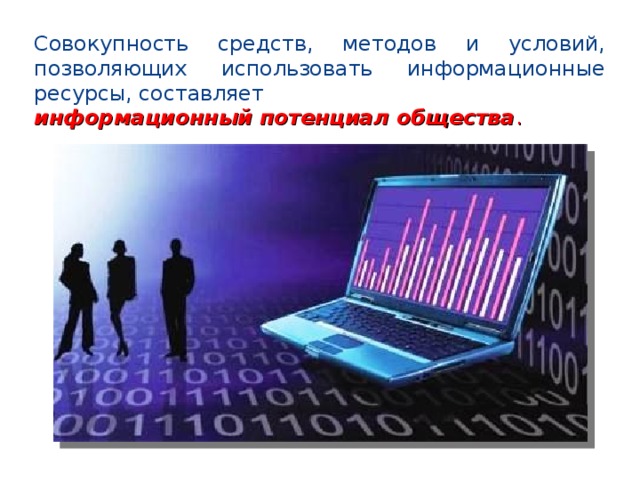 Совокупность средств, методов и условий, позволяющих использовать информационные ресурсы, составляет информационный потенциал общества .