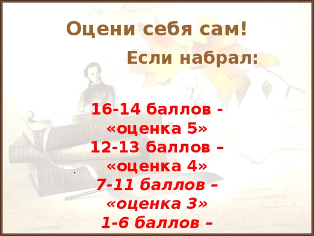 Оцени себя сам! Если набрал: 16-14 баллов - «оценка 5» 12-13 баллов – «оценка 4» 7-11 баллов – «оценка 3» 1-6 баллов – «оце нка 2» .