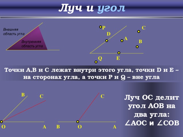 Луч и угол P C Внешняя область угла D A B Внутренняя область угла Q E Точки A,B и C лежат внутри этого угла,  точки D и E – на сторонах угла, а точки P и Q – вне угла Луч OC делит угол AOB на два угла: ∠ AOC и ∠ COB B C C A O O B A