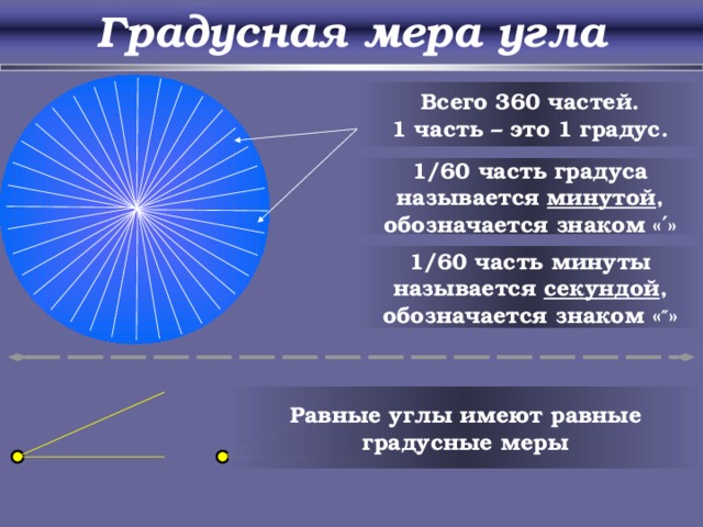 Градусная мера угла Всего 360 частей. 1 часть – это 1 градус. 1/60 часть градуса называется минутой , обозначается знаком « ′ » 1/60 часть минуты называется секундой , обозначается знаком « ″ » Равные углы имеют равные градусные меры