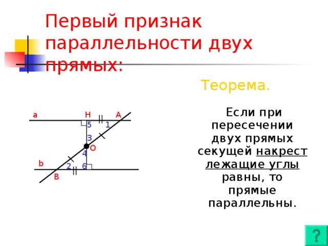 Первый признак параллельности двух прямых: Теорема.  Если при пересечении двух прямых секущей накрест лежащие углы равны, то прямые параллельны. a A H 5 1 3 O 4 b 2 6 B