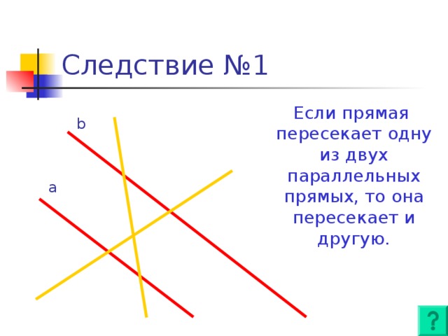 Следствие №1  Если прямая пересекает одну из двух параллельных прямых, то она пересекает и другую. b a