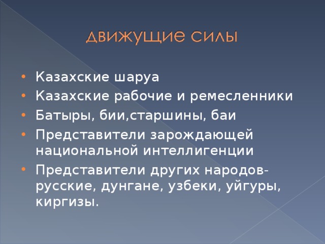 Казахские шаруа Казахские рабочие и ремесленники Батыры, бии,старшины, баи Представители зарождающей национальной интеллигенции Представители других народов- русские, дунгане, узбеки, уйгуры, киргизы.