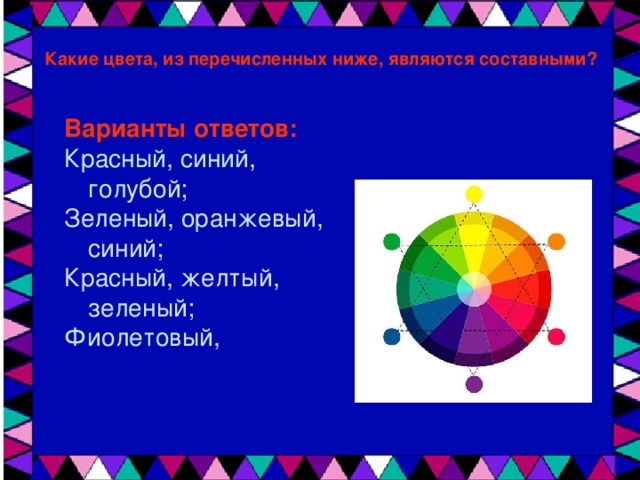 Какие цвета, из перечисленных ниже, являются составными? Варианты ответов: Красный, синий, голубой; Зеленый, оранжевый, синий; Красный, желтый, зеленый; Фиолетовый,