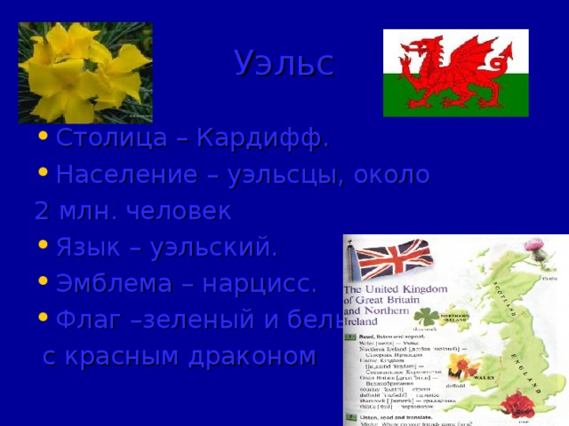 Уэльс Столица – Кардифф. Население – уэльсцы, около 2 млн. человек Язык – уэльский. Эмблема – нарцисс. Флаг –зеленый и белый  с красным драконом