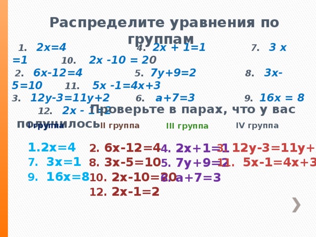 Распределите уравнения по группам  1. 2х=4  4. 2х + 1=1  7.  3 х =1 10.   2х -10 = 2 0  2.   6х-12=4 5. 7у+9=2 8.  3х-5=10  11.   5х -1=4х+3 3.   12у-3=11у+2  6.   а+7=3     9. 16х = 8 12. 2х - 1=2               Проверьте в парах, что у вас получилось I группа  2х=4 7. 3х=1 9. 16х=8  IV группа  II группа   3. 12y-3=11y+2 2. 6х-12=4 11. 5х-1=4х+3 8. 3х-5=10 10. 2х-10=20 12. 2х-1=2  III группа  4. 2х+1=1 5. 7y+9=2 6. a+7=3