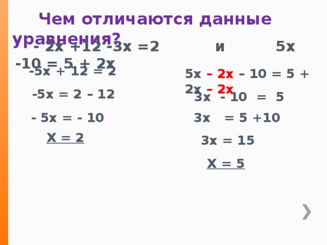 Чем отличаются данные уравнения?  - 2х +12 -3х =2 и 5х -10 = 5 + 2х -5х + 12 = 2 5х – 2х – 10 = 5 + 2х – 2х -5х = 2 – 12 3х - 10 = 5 - 5х = - 10 3х = 5 +10 Х = 2 3х = 15 Х = 5