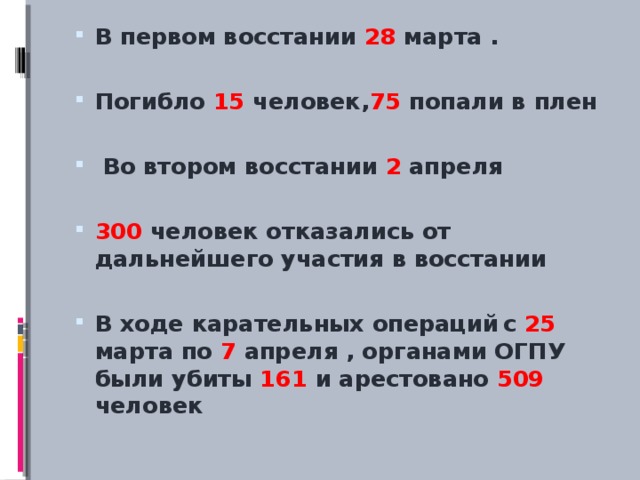 В первом восстании 28 марта .  Погибло 15 человек, 75 попали в плен   Во втором восстании 2 апреля  300 человек отказались от дальнейшего участия в восстании  В ходе карательных операций  с 25 марта по 7 апреля , органами ОГПУ были убиты 161 и арестовано 509 человек