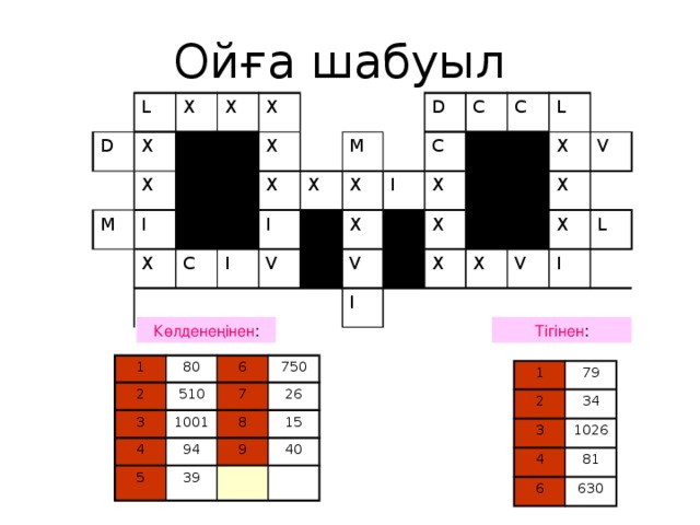 Ойға шабуыл D L X X X M X I X X X C X I X M I V X D X I C C X V C X I L X X X X V X V L I Көлденеңінен : Тігінен : 1 80 2 3 6 510 750 4 1001 7 5 26 8 94 15 9 39 40 1 2 79 3 34 1026 4 6 81 630