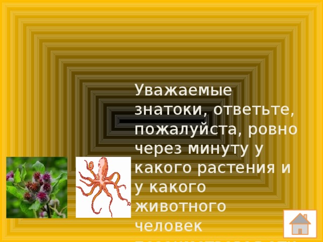 Уважаемые знатоки, ответьте, пожалуйста, ровно через минуту у какого растения и у какого животного человек позаимствовал эти изобретения?