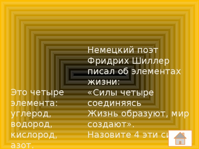 Немецкий поэт Фридрих Шиллер писал об элементах жизни: «Силы четыре соединяясь Жизнь образуют, мир создают». Назовите 4 эти силы. Это четыре элемента: углерод, водород, кислород, азот.