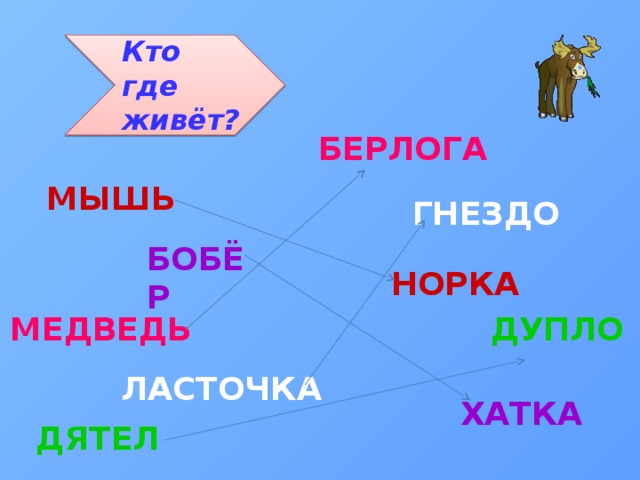 БОБЁР Кто где живёт? БЕРЛОГА МЫШЬ ГНЕЗДО НОРКА МЕДВЕДЬ ДУПЛО ЛАСТОЧКА ХАТКА ДЯТЕЛ