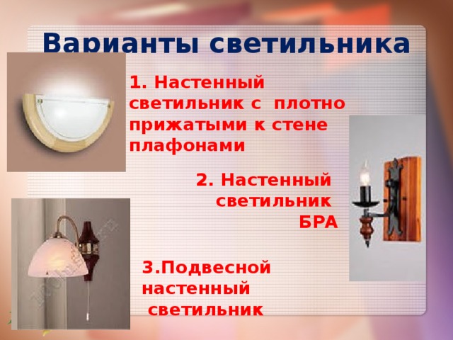 Варианты светильника 1. Настенный светильник с плотно прижатыми к стене плафонами 2. Настенный светильник БРА 3.Подвесной настенный  светильник