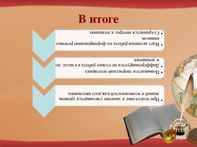 Идет активная работа по формированию речевых навыков. Сохраняется интерес к познанию. Идет активная работа по формированию речевых навыков. Сохраняется интерес к познанию. Повышается творческий потенциал. Дифференцируется не только работа в классе, но и домашняя. Повышается творческий потенциал. Дифференцируется не только работа в классе, но и домашняя. При подготовке к занятию учитывается уровень знаний и возможностей каждого школьника. При подготовке к занятию учитывается уровень знаний и возможностей каждого школьника.