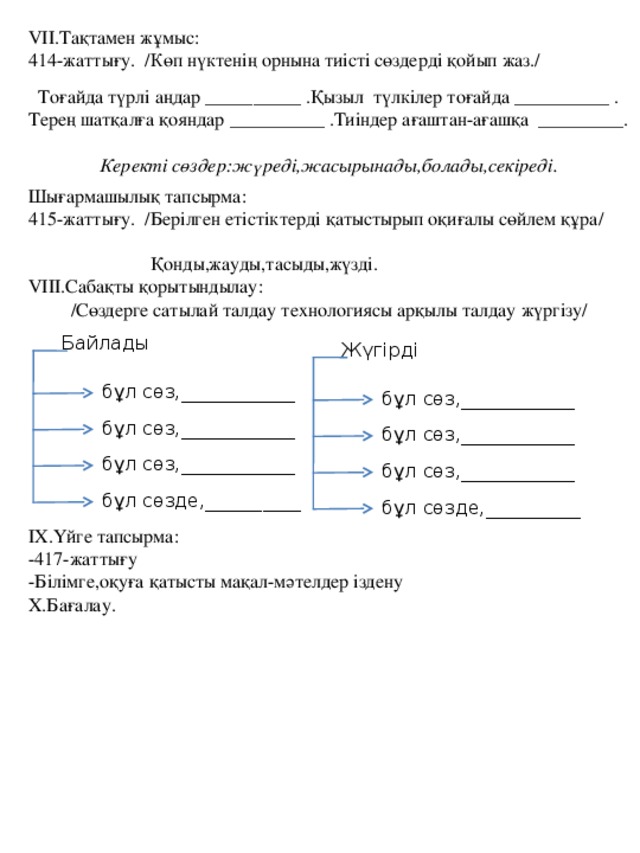 VII .Тақтамен жұмыс: 414-жаттығу. /Көп нүктенің орнына тиісті сөздерді қойып жаз./ Шығармашылық тапсырма: 415-жаттығу. /Берілген етістіктерді қатыстырып оқиғалы сөйлем құра/  Қонды,жауды,тасыды,жүзді. VIII .Сабақты қорытындылау:  /Сөздерге сатылай талдау технологиясы арқылы талдау жүргізу/ IX .Үйге тапсырма: -417-жаттығу -Білімге,оқуға қатысты мақал-мәтелдер іздену X. Бағалау. Тоғайда түрлі аңдар __________ . Қызыл түлкілер  тоғайда __________ . Терең шатқалға қояндар __________ .Тиіндер ағаштан-ағашқа _________. Керекті сөздер:жүреді,жасырынады,болады,секіреді. Байлады Жүгірді бұл сөз, ____________ бұл сөз, ____________ бұл сөз, ____________ бұл сөз, ____________ бұл сөз, ____________ бұл сөз, ____________ бұл сөзде, __________ бұл сөзде, __________