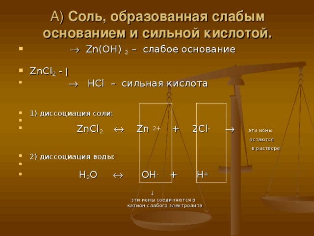 А) Соль, образованная слабым основанием и сильной кислотой.    Zn ( OH ) 2  – слабое основание ZnCl 2 -     HCl – сильная кислота   1) диссоциация соли:  ZnCl 2    Zn  2+  + 2Cl -    эти ионы  остаются  в растворе  2) диссоциация воды:  H 2 O   OH - + H +    эти ионы соединяются в  катион слабого электролита