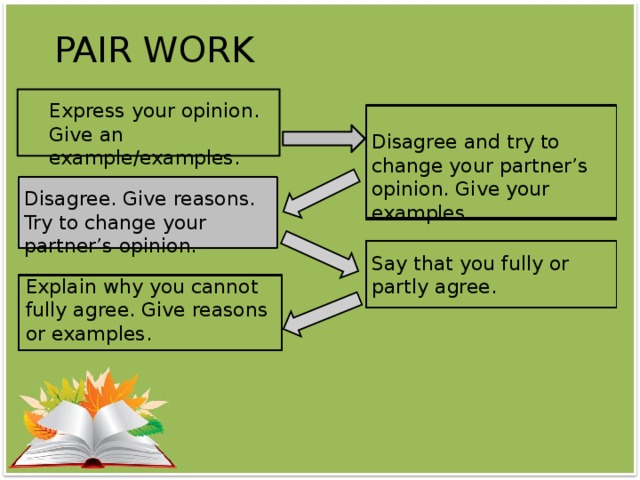PAIR WORK Express your opinion. Give an example/examples. Disagree and try to change your partner’s opinion. Give your examples. Disagree. Give reasons. Try to change your partner’s opinion. Say that you fully or partly agree. Explain why you cannot fully agree. Give reasons or examples.