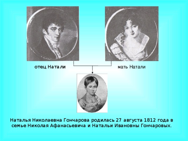 отец Натали мать Натали Наталья Николаевна Гончарова родилась 27 августа 1812 года в семье Николая Афанасьевича и Натальи Ивановны Гончаровых.