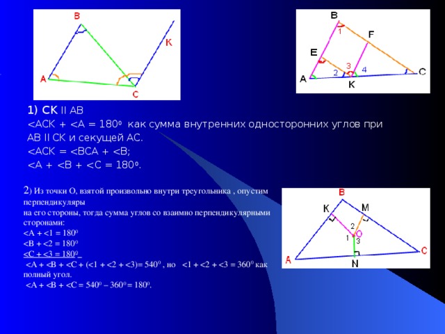 1) CK II AB  2 ) Из точки О, взятой произвольно внутри треугольника , опустим перпендикуляры на его стороны, тогда сумма углов со взаимно перпендикулярными сторонами:  0