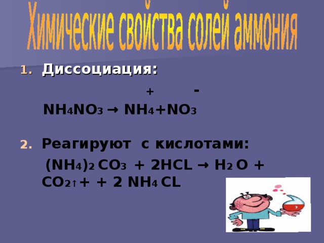 Диссоциация:  +   -  NH 4 NO 3 → NH 4 + NO 3  Реагируют с кислотами: