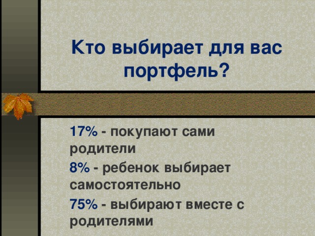 Кто выбирает для вас портфель? 17% - покупают сами родители 8% - ребенок выбирает самостоятельно 75% - выбирают вместе с родителями