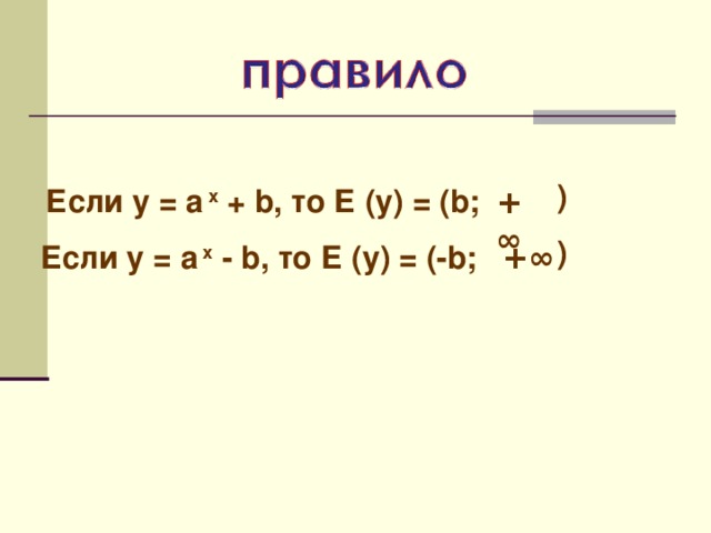 )  Если у = а x + b, то Е (у) = (b; +∞ ) Если у = а x - b, то Е (у) = (-b; +∞