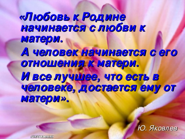 «Любовь к Родине начинается с любви к матери.  А человек начинается с его отношения к матери.  И все лучшее, что есть в человеке, достается ему от матери».     Ю. Яковлев