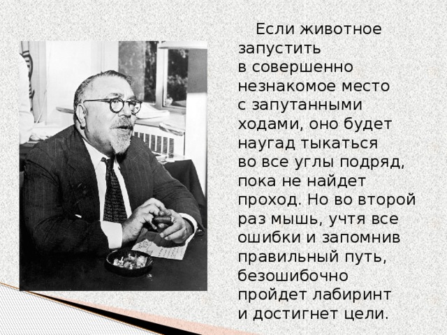 Если животное запустить в совершенно незнакомое место с запутанными ходами, оно будет наугад тыкаться во все углы подряд, пока не найдет проход. Но во второй раз мышь, учтя все ошибки и запомнив правильный путь, безошибочно пройдет лабиринт и достигнет цели. 