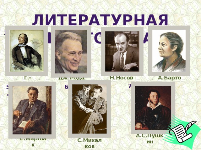 Литературная викторина 1. 3. 2. 4. А.Барто Н.Носов Дж.Родари Г.-Х.Андерсен 7. 6. 5. А.С.Пушкин С.Маршак С.Михалков