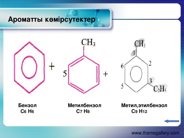 Ароматты көмірсутектер  Бензол Метилбензол Метил,этилбензол  С 6 Н 6  С 7 Н 8   С 9 Н 12