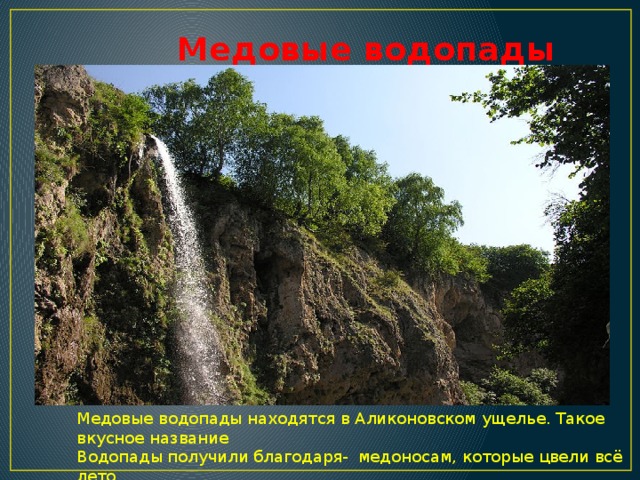 Медовые водопады Медовые водопады находятся в Аликоновском ущелье. Такое вкусное название Водопады получили благодаря- медоносам, которые цвели всё лето