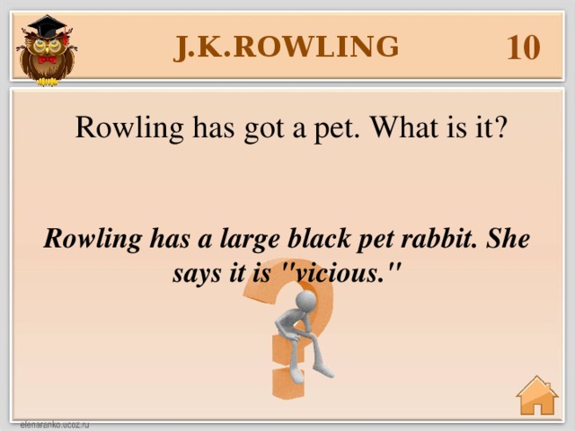 10 J.K.ROWLING Rowling has got a pet. What is it? Rowling has a large black pet rabbit. She says it is 