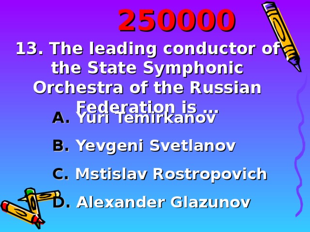 2500 00 13. The leading conductor of the State Symphonic Orchestra of the Russian Federation is …
