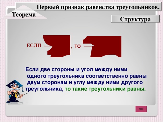 Первый признак равенства треугольников. Теорема Структура ЕСЛИ  , ТО  Если две стороны и угол между ними  одного треугольника соответственно равны  двум сторонам и углу между ними другого треугольника, то такие треугольники равны. 7