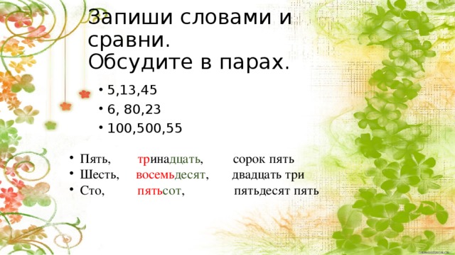 Запиши словами и сравни.  Обсудите в парах. 5,13,45 6, 80,23 100,500,55 Пять, тр ина дцать , сорок пять Шесть, восемь десят , двадцать три Сто, пять сот , пятьдесят пять Не получается – предлагаем выполнить задание и найти закономерность. По аналогии с другими частями речи учащиеся понимают, что числительные бывают простые, сложные и составные.