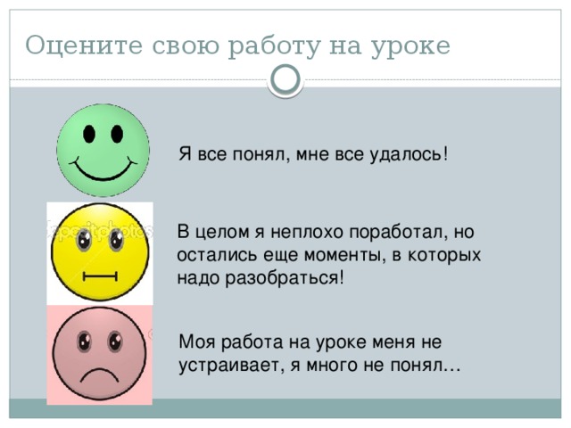 Оцените свою работу на уроке Я все понял, мне все удалось! В целом я неплохо поработал, но остались еще моменты, в которых надо разобраться! Моя работа на уроке меня не устраивает, я много не понял…