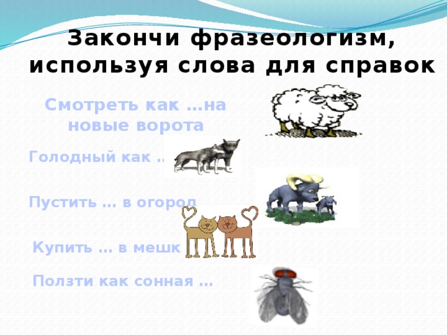 Закончи фразеологизм, используя слова для справок Смотреть как …на новые ворота Голодный как … Пустить … в огород Купить … в мешке Ползти как сонная …