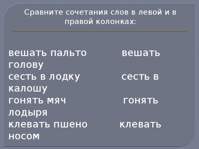 Сравните сочетания слов в левой и в правой колонках: вешать пальто вешать голову сесть в лодку сесть в калошу гонять мяч гонять лодыря клевать пшено клевать носом