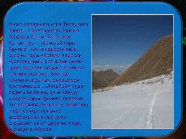 У юго-западного угла Телецкого озера… громоздятся первые террасы Алтын-Таган или Алтын-Туу — Золотой горы. Крутые, почти недоступные, склоны горы местами заросли кустарником и клочками сухих трав, местами падают отвесно голыми скалами, кое-где прилепились наклонившиеся лиственницы… Алтайцам туда ездить незачем, да и между ними распространено поверье, что вершина Алтын-Ту священна, и при всякой попытке взобраться на нее духи скрывают ее от дерзких глаз, укрывая в облака.