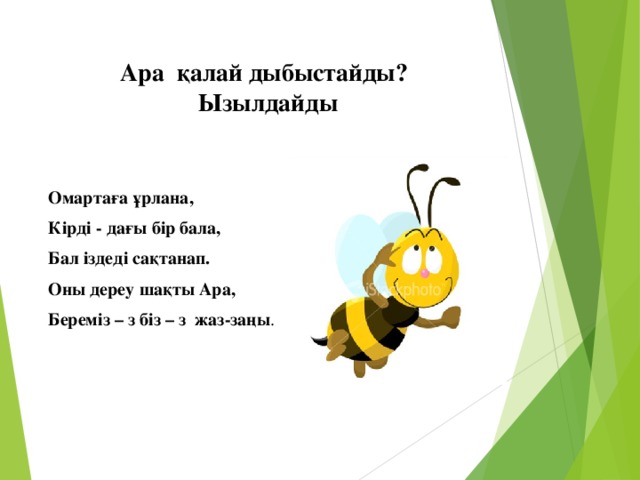 Ара қалай дыбыстайды?   Ызылдайды Омартаға ұрлана, Кірді - дағы бір бала, Бал іздеді сақтанап. Оны дереу шақты Ара, Береміз – з біз – з жаз-заңы .