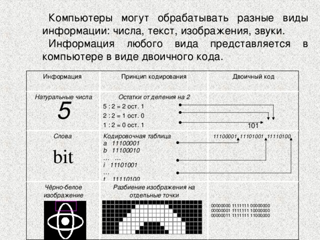 Компьютеры могут обрабатывать разные виды информации: числа, текст, изображения, звуки. Информация любого вида представляется в компьютере в виде двоичного кода. Информация Принцип кодирования Натуральные числа 5 Слова bit Остатки от деления на 2 5 : 2 = 2 ост. 1 2 : 2 = 1 ост. 0 1 : 2 = 0 ост. 1 Двоичный код Кодировочная таблица a 11100001 b 11100010 … … i 11101001 … t 11110100 Чёрно-белое изображение 101 Разбиение изображения на отдельные точки  11100001  11101001  11110100  00000000 1111111 00000000 00000001 1111111 10000000 00000011 1111111 11000000