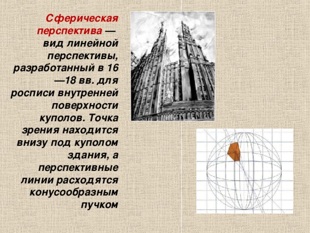 Сферическая перспектива — вид линейной перспективы, разработанный в 16—18 вв. для росписи внутренней поверхности куполов. Точка зрения находится внизу под куполом здания, а перспективные линии расходятся конусообразным пучком