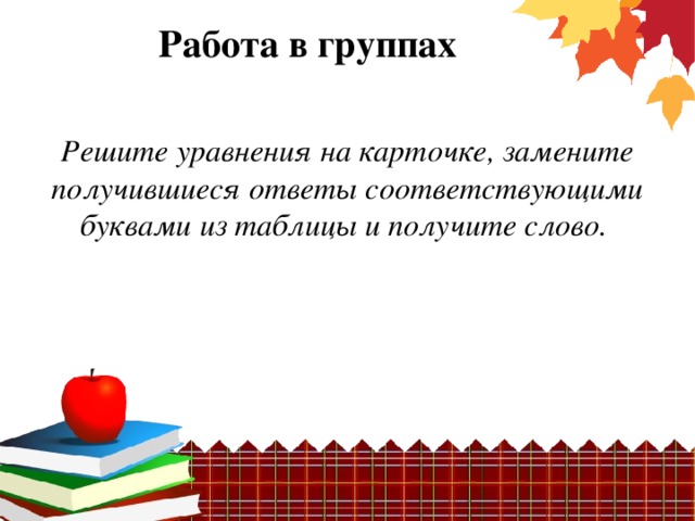 Работа в группах Решите уравнения на карточке, замените получившиеся ответы соответствующими буквами из таблицы и получите слово.