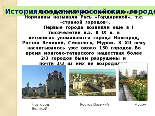 История создания российских городов  Древняя Русь была страной городов. Норманны называли Русь «Гардарикой», т.е. «страной городов».  Первые города возникли еще в I тысячелетии н.э. В IХ в. в летописях упоминаются города Новгород, Ростов Великий, Смоленск, Муром. К ХII веку насчитывалось уже около 150 городов. Во время монголо-татарского нашествия более 2/3 городов были разрушены и почти 1/3 из них не возродилась. Новгород Великий Ростов Великий Муром