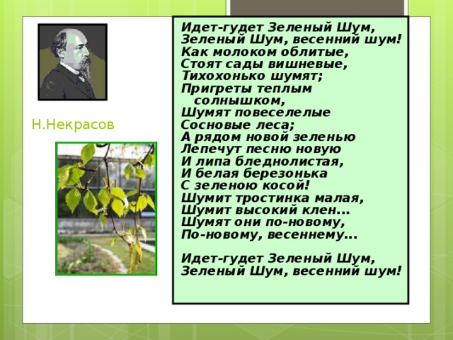 Идет-гудет Зеленый Шум, Зеленый Шум, весенний шум! Как молоком облитые, Стоят сады вишневые, Тихохонько шумят; Пригреты теплым солнышком, Шумят повеселелые Сосновые леса; А рядом новой зеленью Лепечут песню новую И липа бледнолистая, И белая березонька С зеленою косой! Шумит тростинка малая, Шумит высокий клен... Шумят они по-новому, По-новому, весеннему...   Идет-гудет Зеленый Шум, Зеленый Шум, весенний шум!   Н.Некрасов