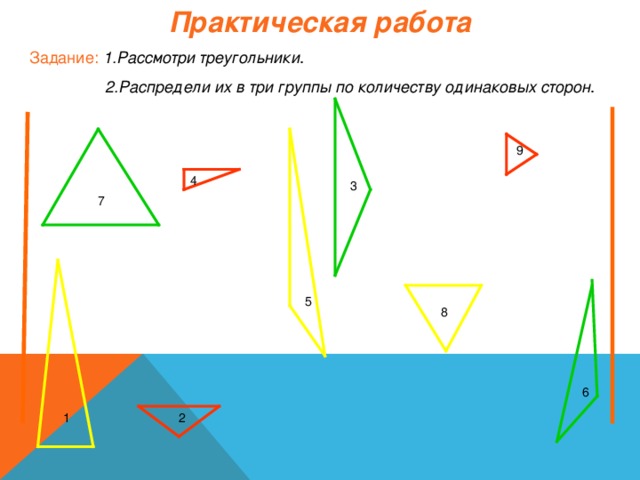 Практическая работа Задание:  1.Рассмотри треугольники .  2.Распредели их в три группы по количеству одинаковых сторон . 9 4 3 7 5 8 6 2 1