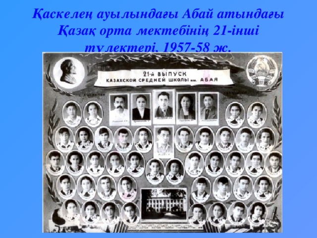 Қаскелең ауылындағы Абай атындағы Қазақ орта мектебінің 21-інші түлектері, 1957-58 ж.