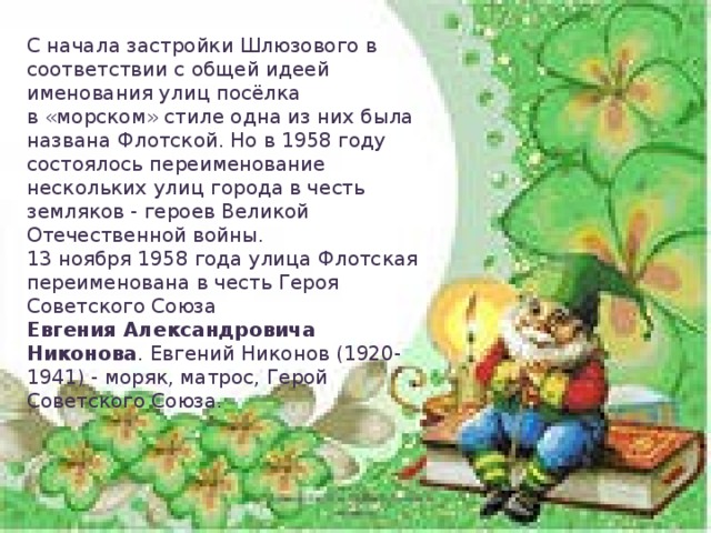 С начала застройки Шлюзового в соответствии с общей идеей именования улиц посёлка в «морском» стиле одна из них была названа Флотской. Но в 1958 году состоялось переименование нескольких улиц города в честь земляков - героев Великой Отечественной войны. 13 ноября 1958 года улица Флотская переименована в честь Героя Советского Союза Евгения Александровича Никонова . Евгений Никонов (1920-1941) - моряк, матрос, Герой Советского Союза.