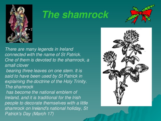 The shamrock There are many legends in Ireland connected with the name of St Patrick. One of them is devoted to the shamrock, a small clover  bearing three leaves on one stem. It is said to have been used by St Patrick in explaining the doctrine of the Holy Trinity. The shamrock  has become the national emblem of Ireland, and it is traditional for the Irish people to decorate themselves with a little shamrock on Ire­land's national holiday, St Patrick's Day (March 17)