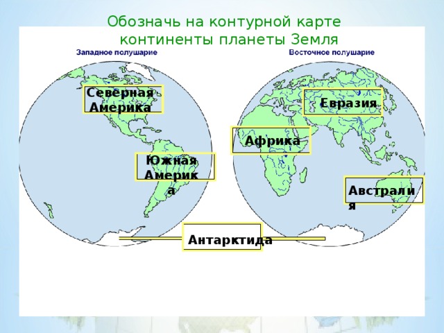 Обозначь на контурной карте континенты планеты Земля Северная Америка Евразия Африка Южная Америка Австралия Антарктида
